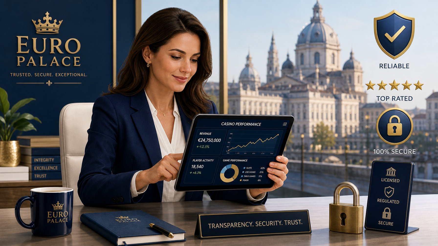 A Businesswoman Reviewing Casino Data On A Tablet At A Desk With Trust Symbols And A European Cityscape In The Background.