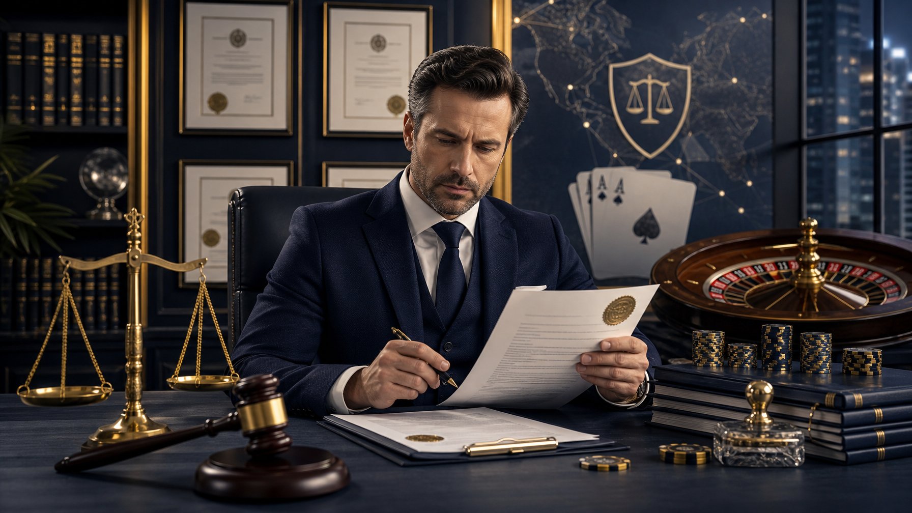 A Businessperson Reviewing Official Documents With Legal Symbols And Casino Elements In A Professional Office Setting.