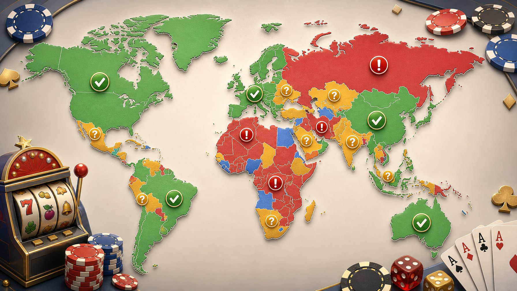 A Global Map Showing Different Countries Marked To Indicate Where An Online Casino Is Available, Restricted, Or Requires Eligibility Checks, With CasinoRelated Icons Around The Map.