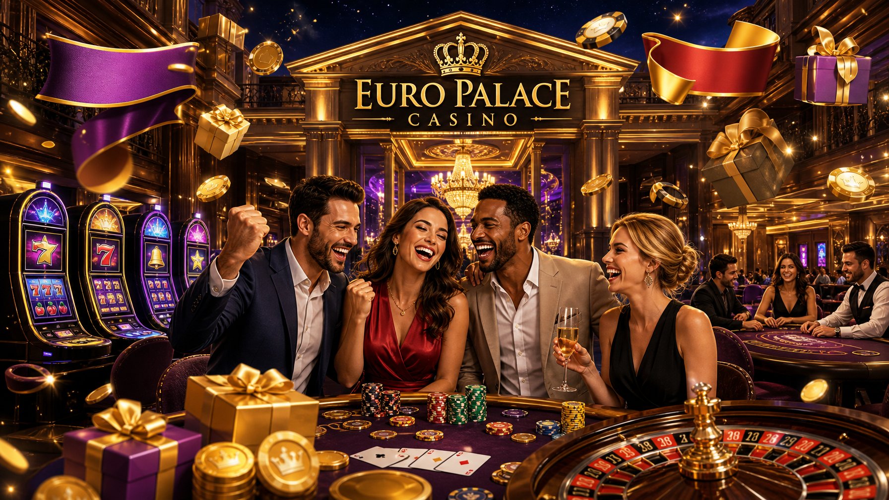 A Lively Casino Scene With Players Enjoying Slot Machines And Table Games Surrounded By Glowing Lights And Symbols Of Bonuses And Promotions.