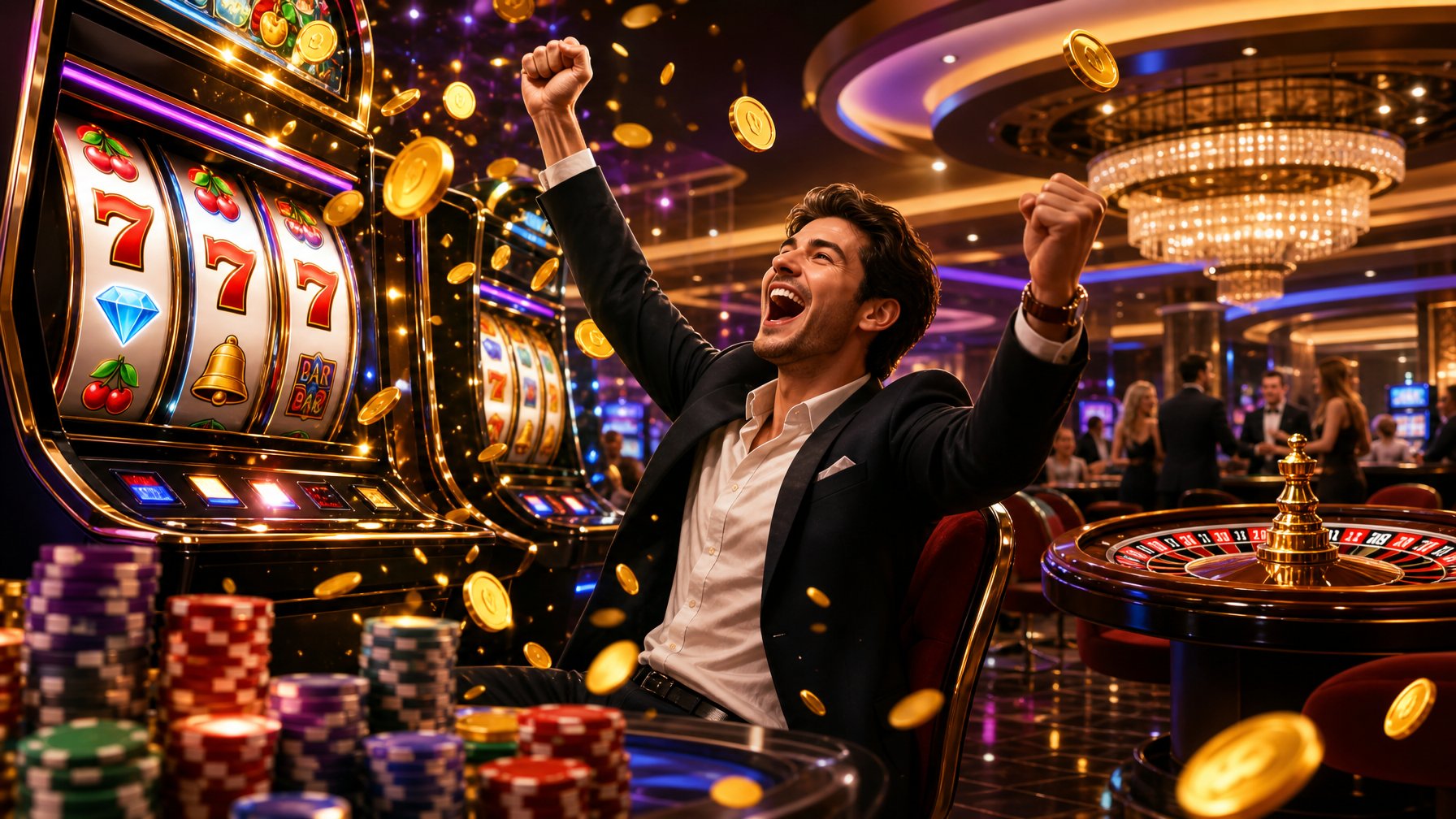 A Casino Interior With Slot Machines Spinning Colorful Reels, A Player Celebrating A Win, Poker Chips And Gold Coins In The Air, And A Roulette Table In The Background.