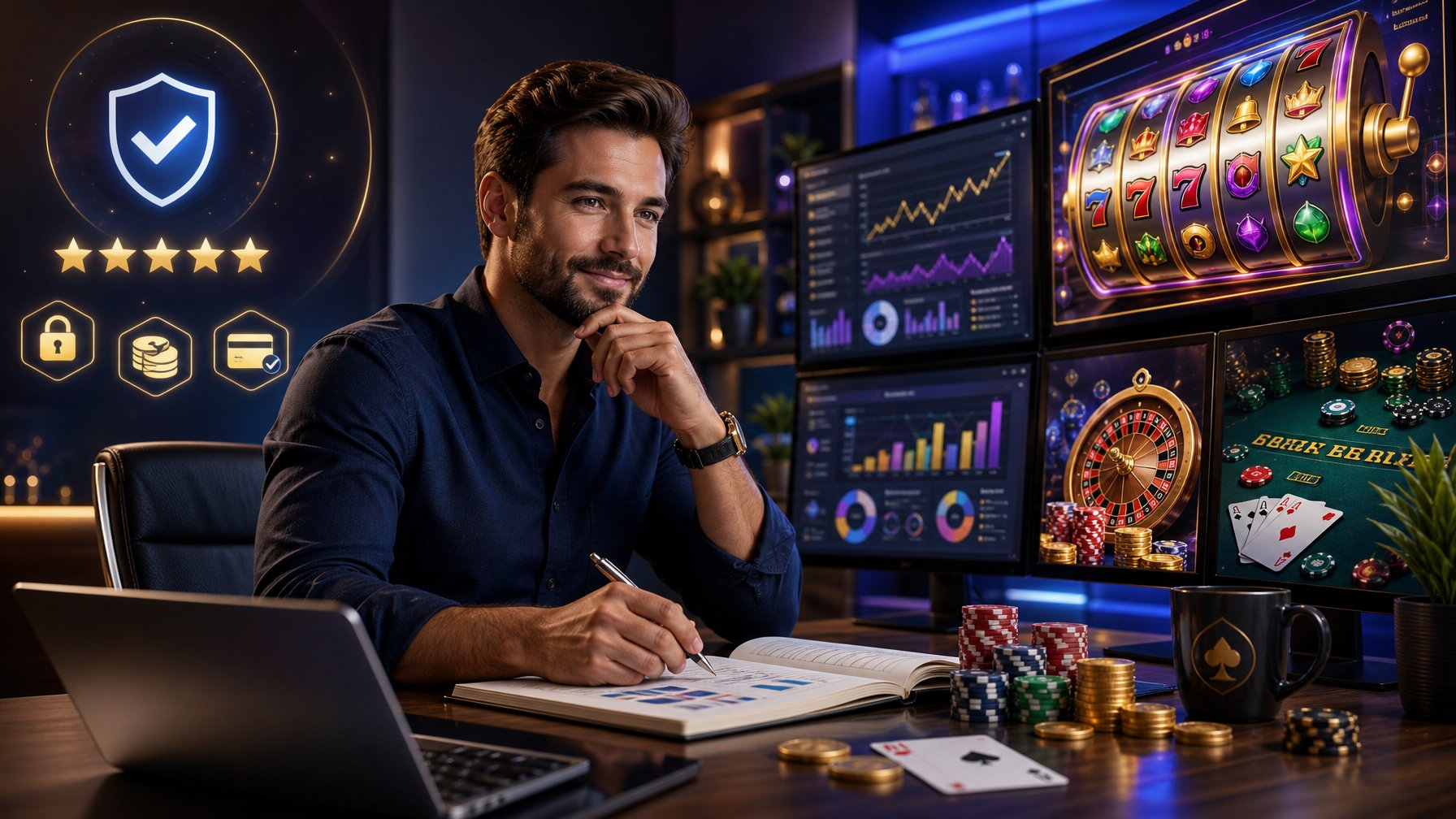 A Person Reviewing Casino Games At A Desk With Screens Showing Slot Machines And Trust Icons Around Them.