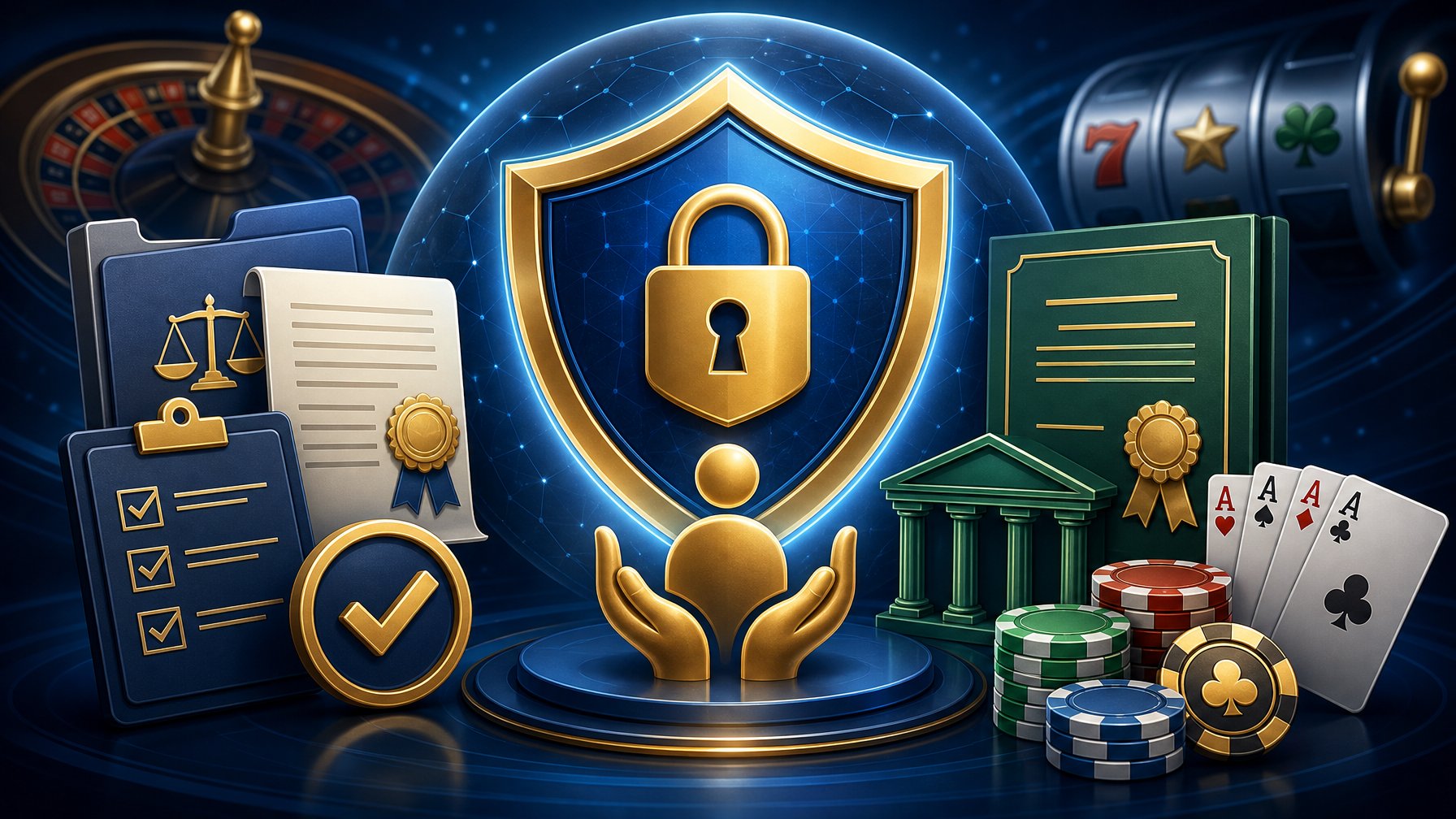 A Digital Shield Surrounded By Legal And CasinoRelated Icons Symbolizing Security, Licensing, And Player Protection In An Online Casino Environment.