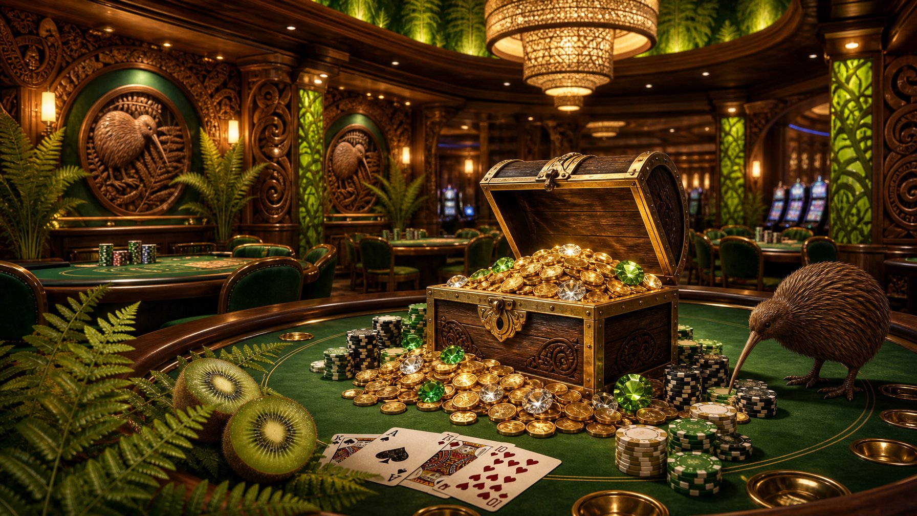 A Casino Scene With A Treasure Chest Full Of Gold Coins And Gems On A Gaming Table, Surrounded By Casino Chips And Playing Cards, With Kiwi Birds And Ferns In The Background.
