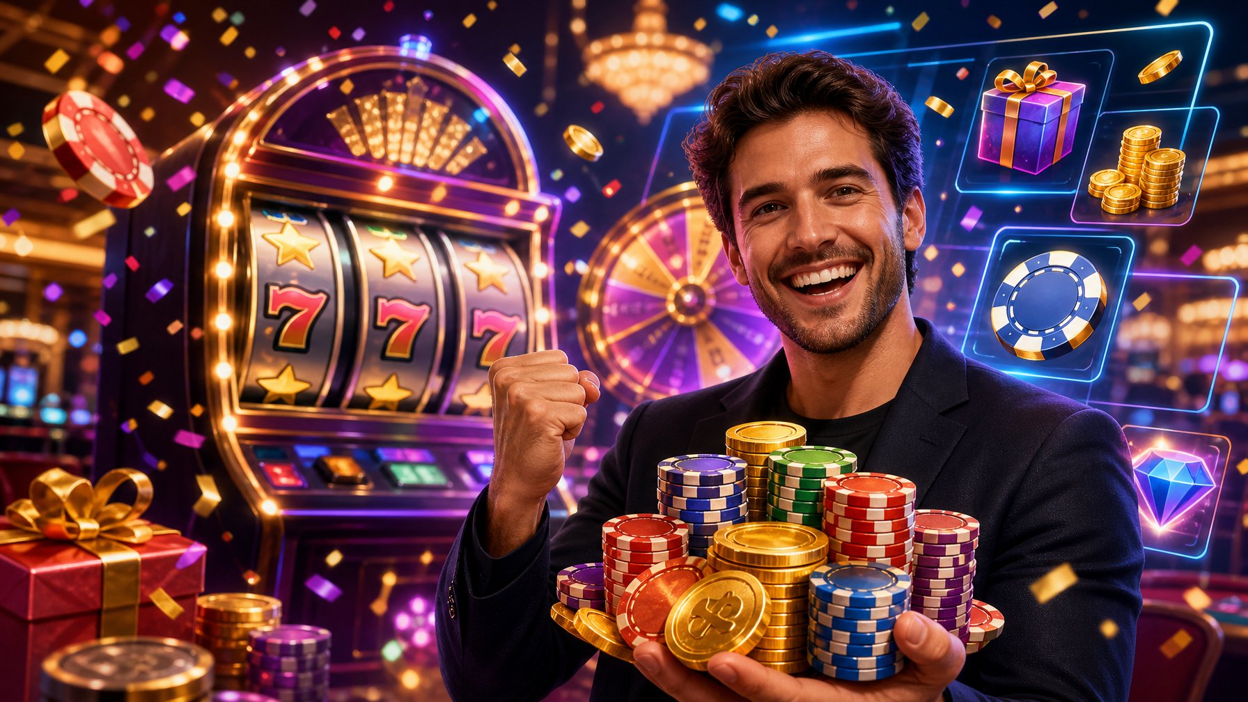 A Lively Casino Scene With Slot Machines Spinning, A Happy Player Holding Chips And Coins, And Colorful Lights And Confetti Celebrating A Welcome Offer.