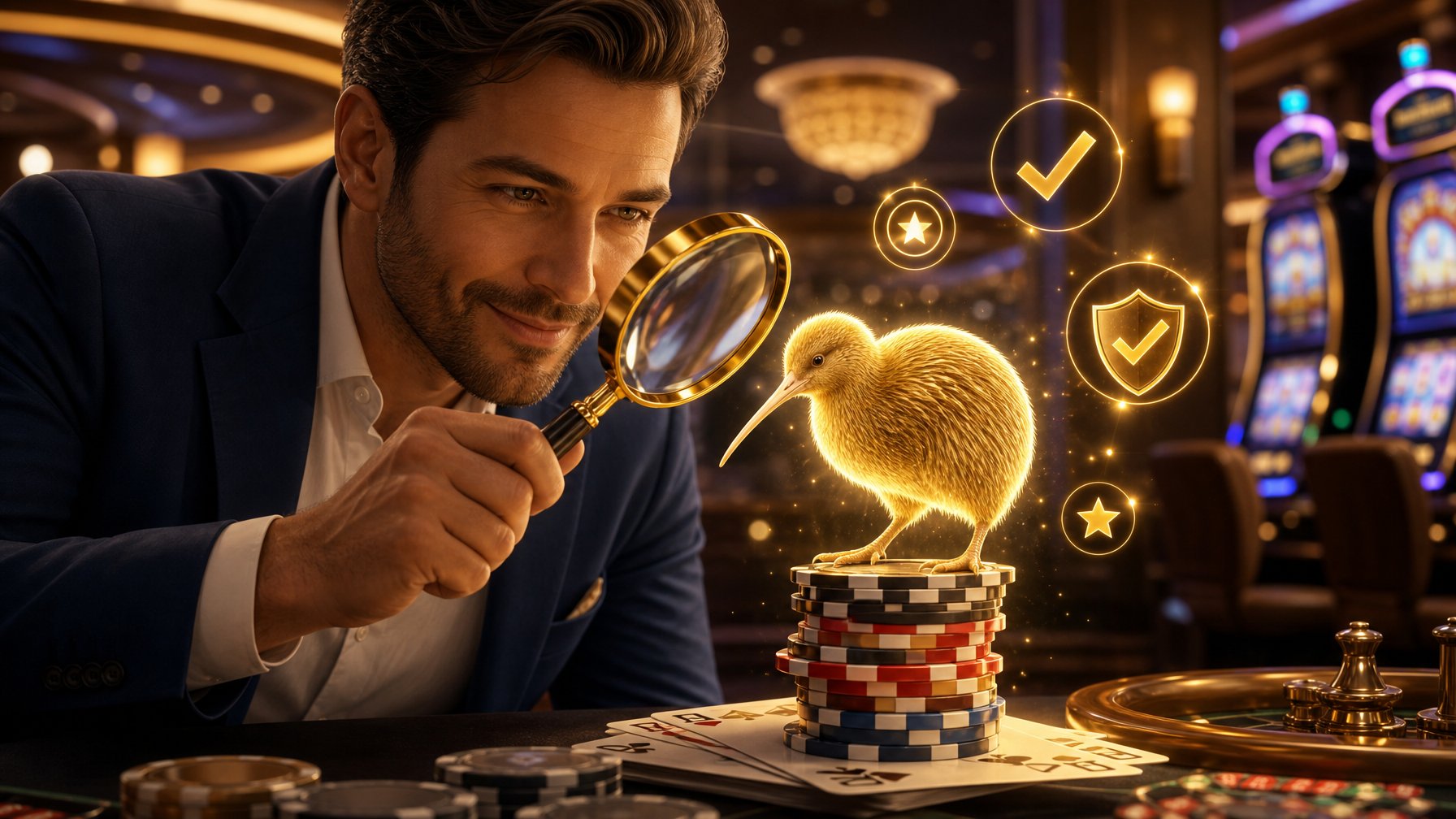 A Person Examining A Glowing Kiwi Bird Perched On Casino Chips And Playing Cards With Trust Symbols Around Them In A Casino Setting.