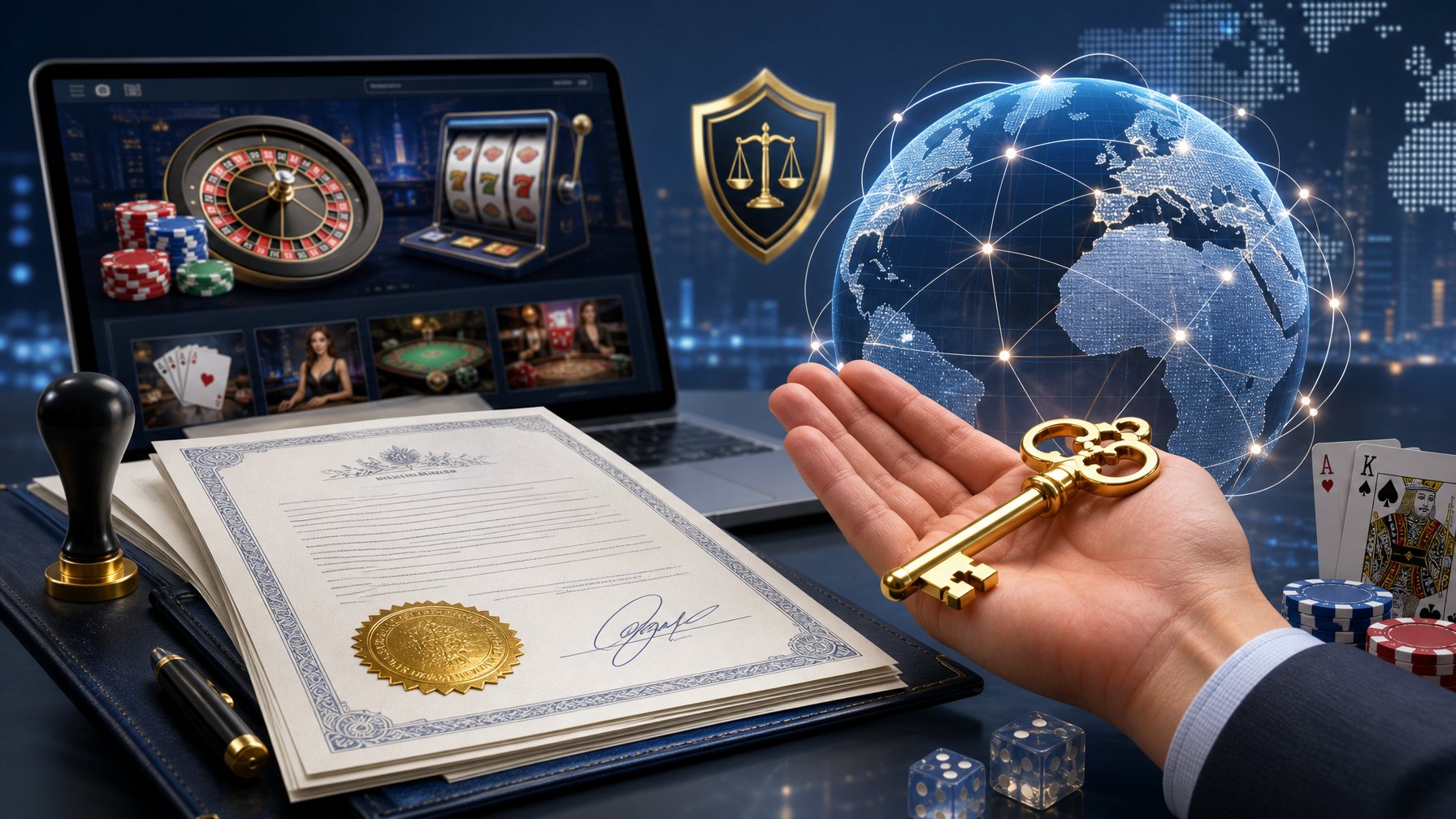 A Digital Casino Scene Showing Documents With Seals, A Hand Holding A Golden Key, And A Globe Representing Licensing, Ownership, And Market Access.