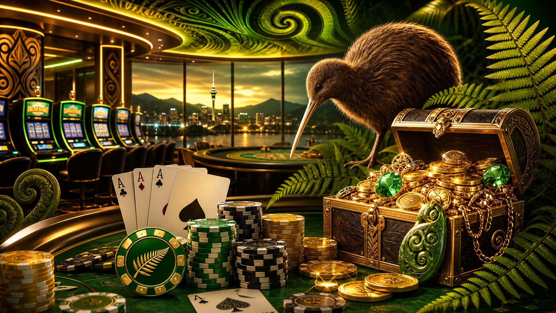 A Casino Scene With Slot Machines, Poker Chips, And A Treasure Chest Surrounded By New Zealand Symbols Like A Kiwi Bird And Fern Leaves.