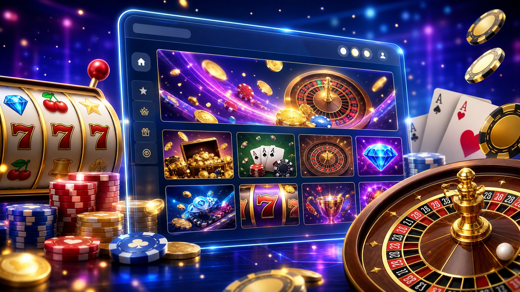 A Digital Casino Scene With Spinning Slot Machine Reels, Poker Chips, And A Roulette Wheel On A Glowing Screen Surrounded By Colorful Lights.