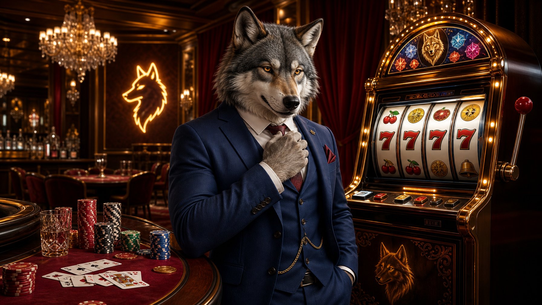 An Anthropomorphic Wolf In A Suit Stands Confidently Beside A Brightly Lit Slot Machine Inside An Elegant Casino With Poker Chips And Playing Cards Nearby.
