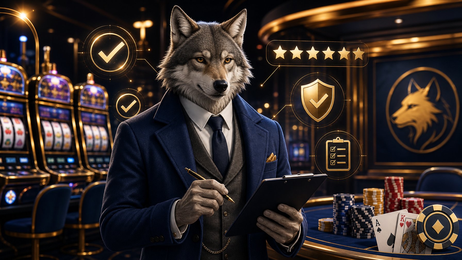 A Confident Man Standing In A Casino Setting With Slot Machines, Poker Chips, And Playing Cards, Surrounded By Icons Representing Trust And Positive Review.
