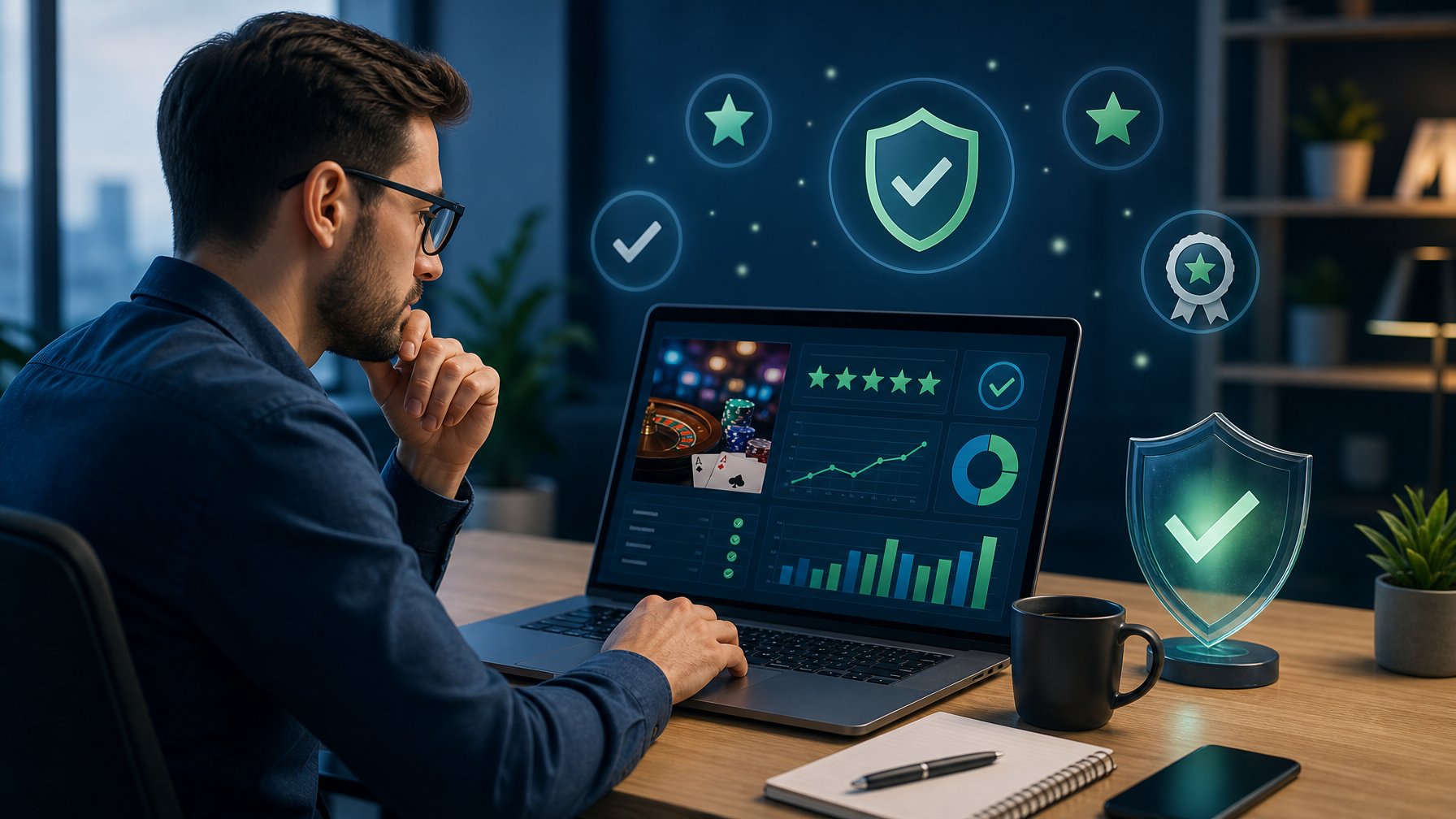 A Person Working At A Desk With A Laptop, Surrounded By Icons Representing Trust And Reliability, In A Modern Office Setting.