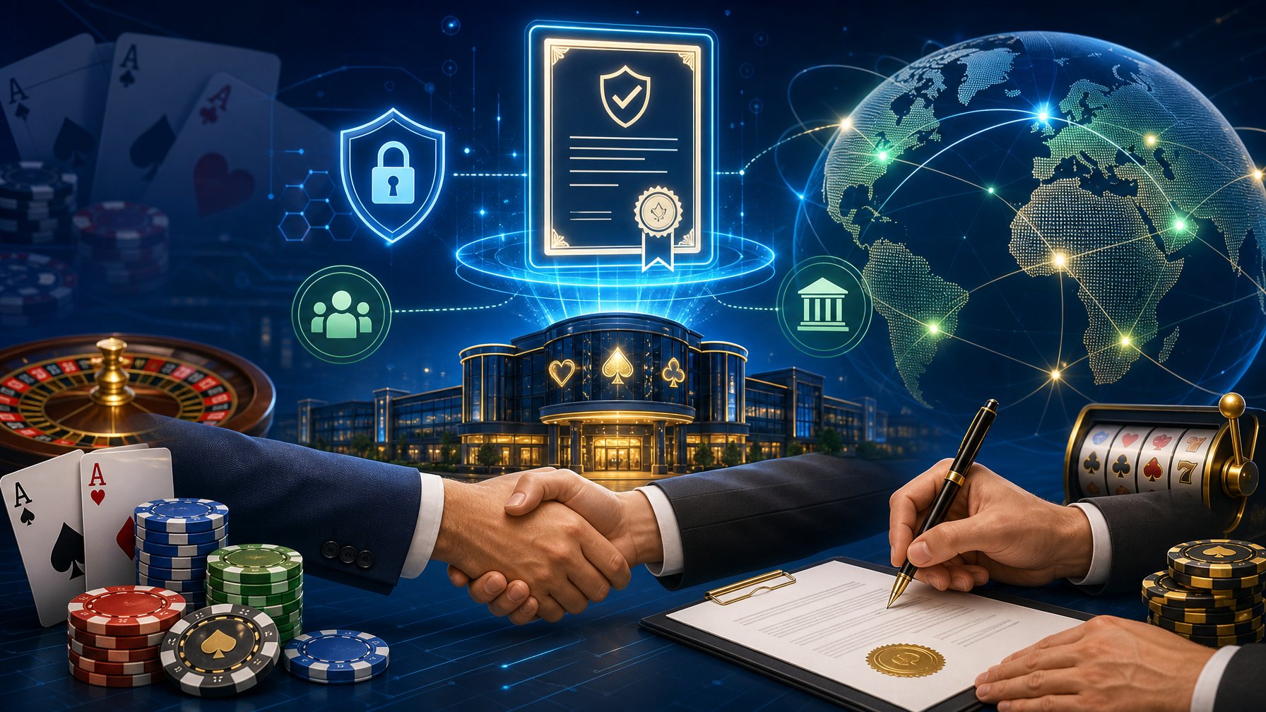 A Digital Casino Building With A Glowing License Icon Above It, Hands Shaking To Represent Ownership, And A Globe With Network Lines Symbolizing Market Access.