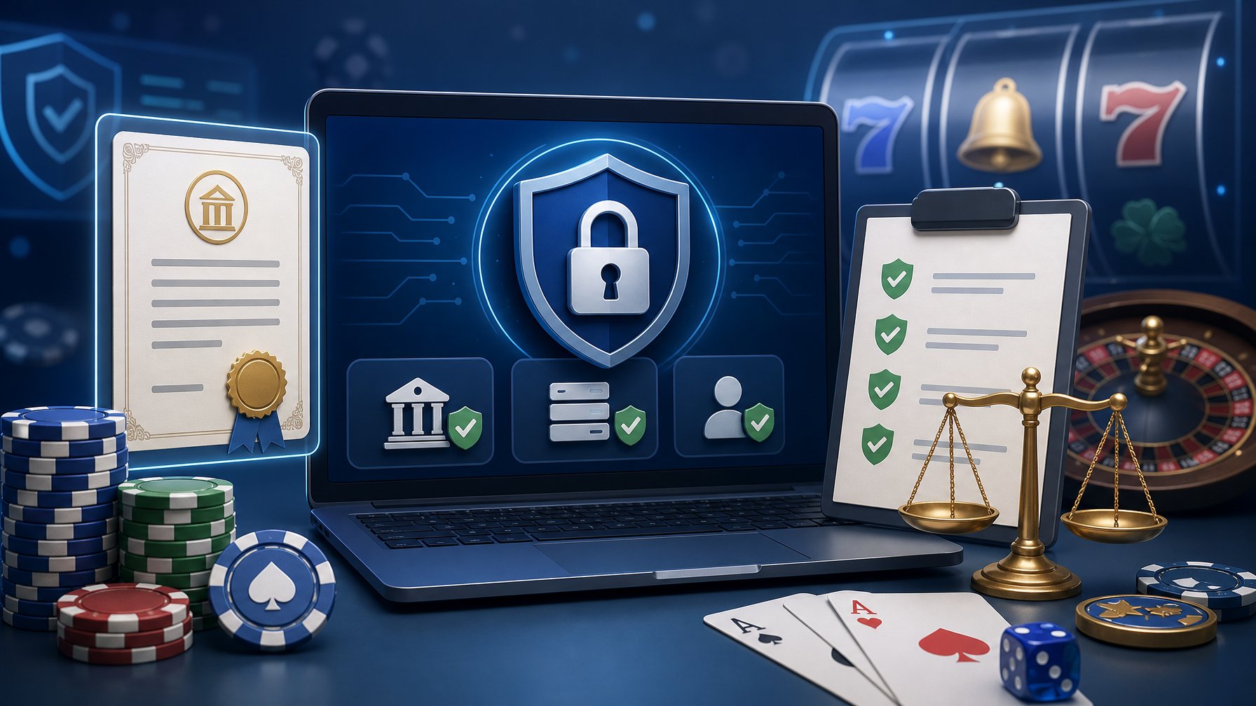 A Digital Interface Showing Symbols Of Security, Licensing Certificates, And Fairness Scales Alongside Casino Elements Like Slot Symbols And Chips.