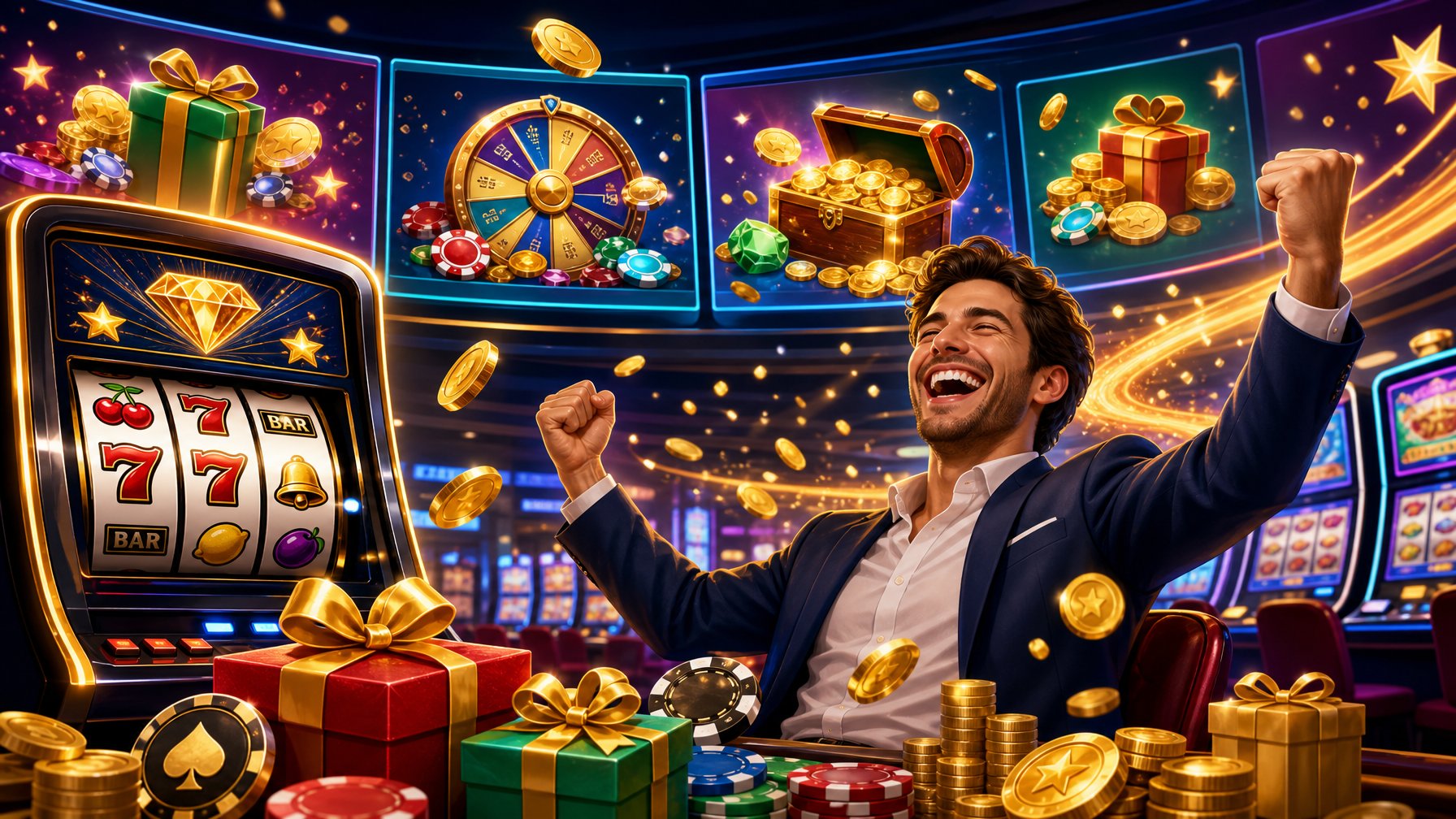 A Person Celebrating A Big Win At A Casino With Slot Machines, Coins, And Promotional Symbols Around Them.