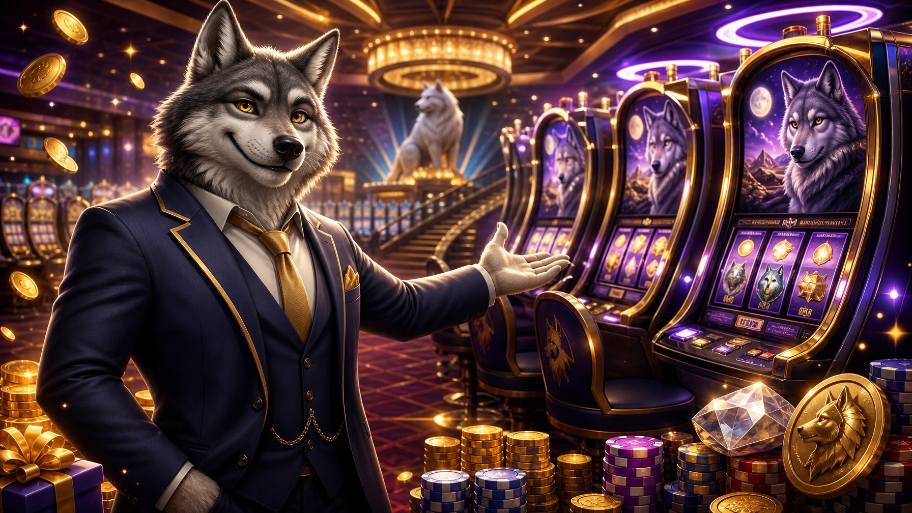 A Confident Wolf Character In A Suit Stands In A Modern Casino With Glowing Slot Machines And Floating Coins, Creating An Inviting And Lively Atmosphere.