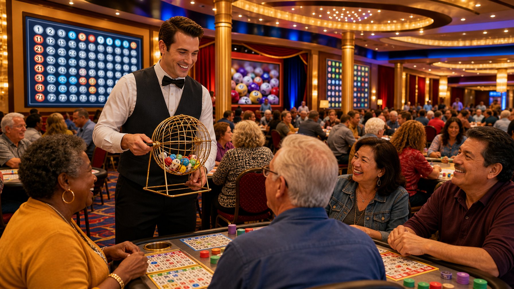 A Lively Bingo Casino Interior With Diverse Players At Tables, A Host Holding A Bingo Ball Cage, And Digital Screens Showing Bingo Numbers.