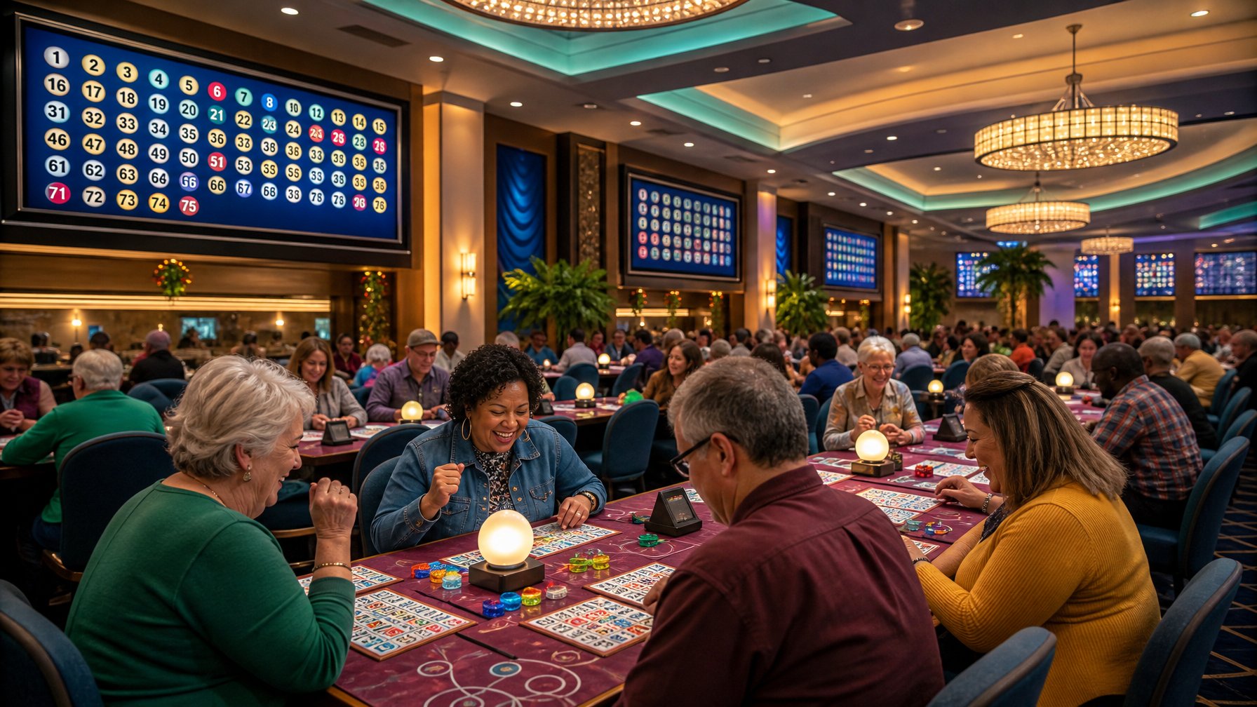 A Lively Casino Bingo Hall With Players Seated At Tables, Colorful Bingo Cards, Digital Number Displays, And Elegant Lighting.