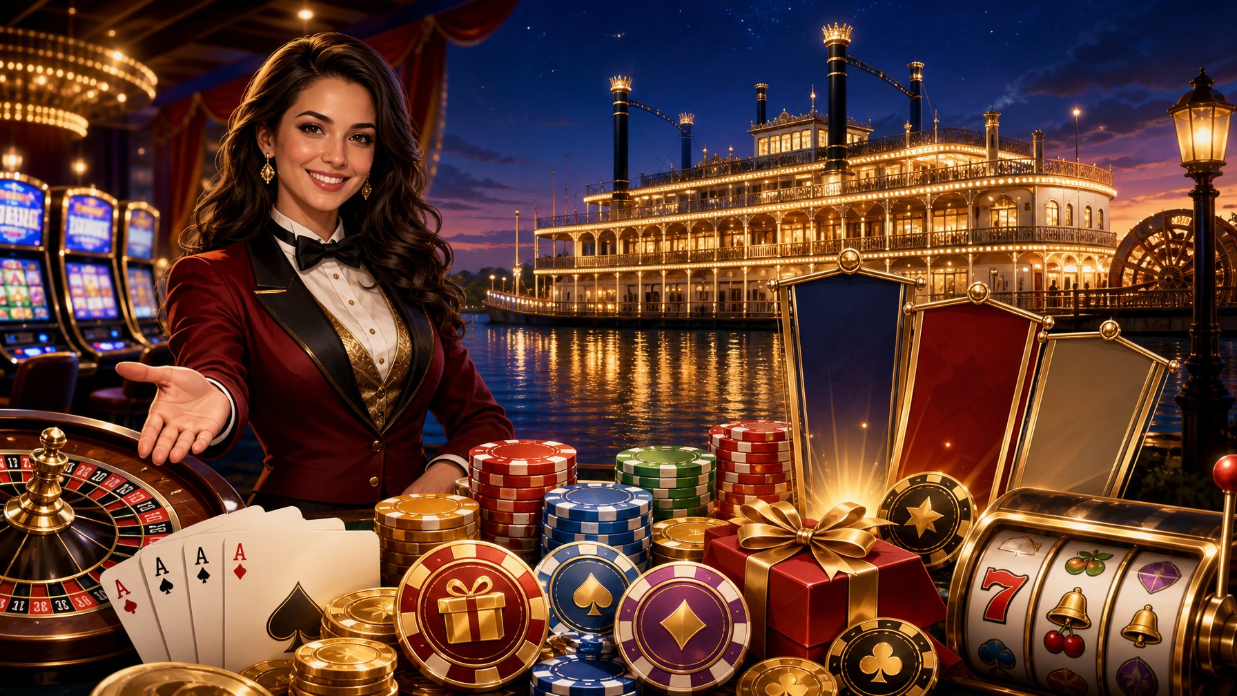 A Riverside Casino Building With Bright Lights Reflecting On The Water, A Host Presenting Casino Chips And Tokens, Surrounded By Poker Cards, Roulette Wheels, And Slot Machines.