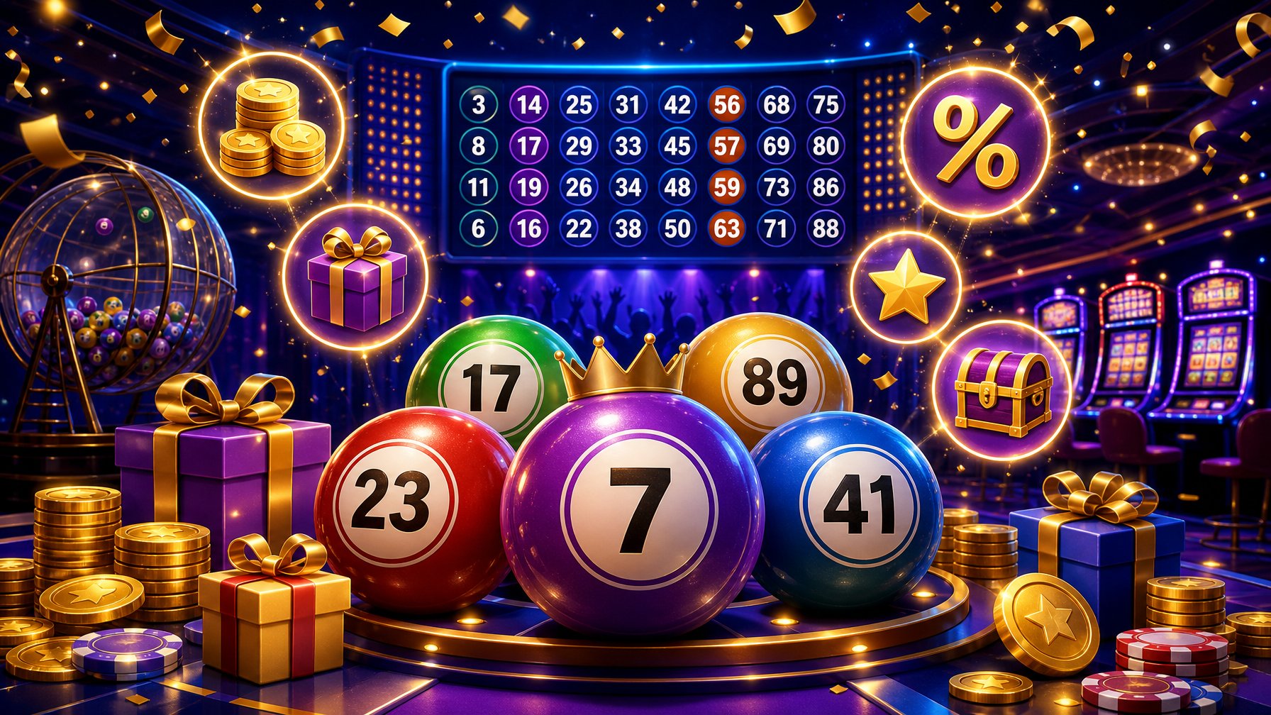 A Colorful Casino Scene With Bingo Balls, Coins, Gift Icons, And Slot Machines Representing Bonuses And Promotions.