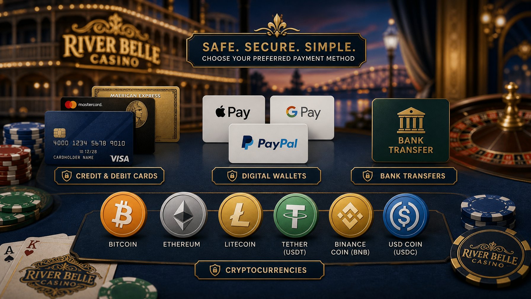Various Payment Methods Including Credit Cards, Digital Wallets, Bank Transfers, And Cryptocurrency Icons Displayed With Casino Elements Like Poker Chips And Playing Cards In The Background.