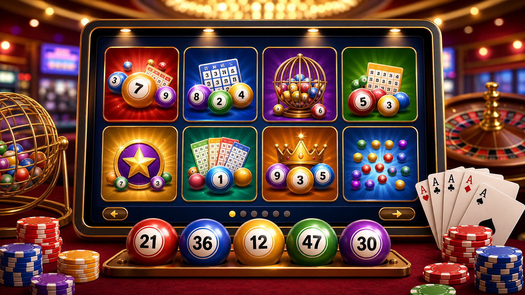 A Digital Casino Game Selection Screen Showing Colorful Bingo Balls And Casino Elements Like Chips And Cards In The Background.