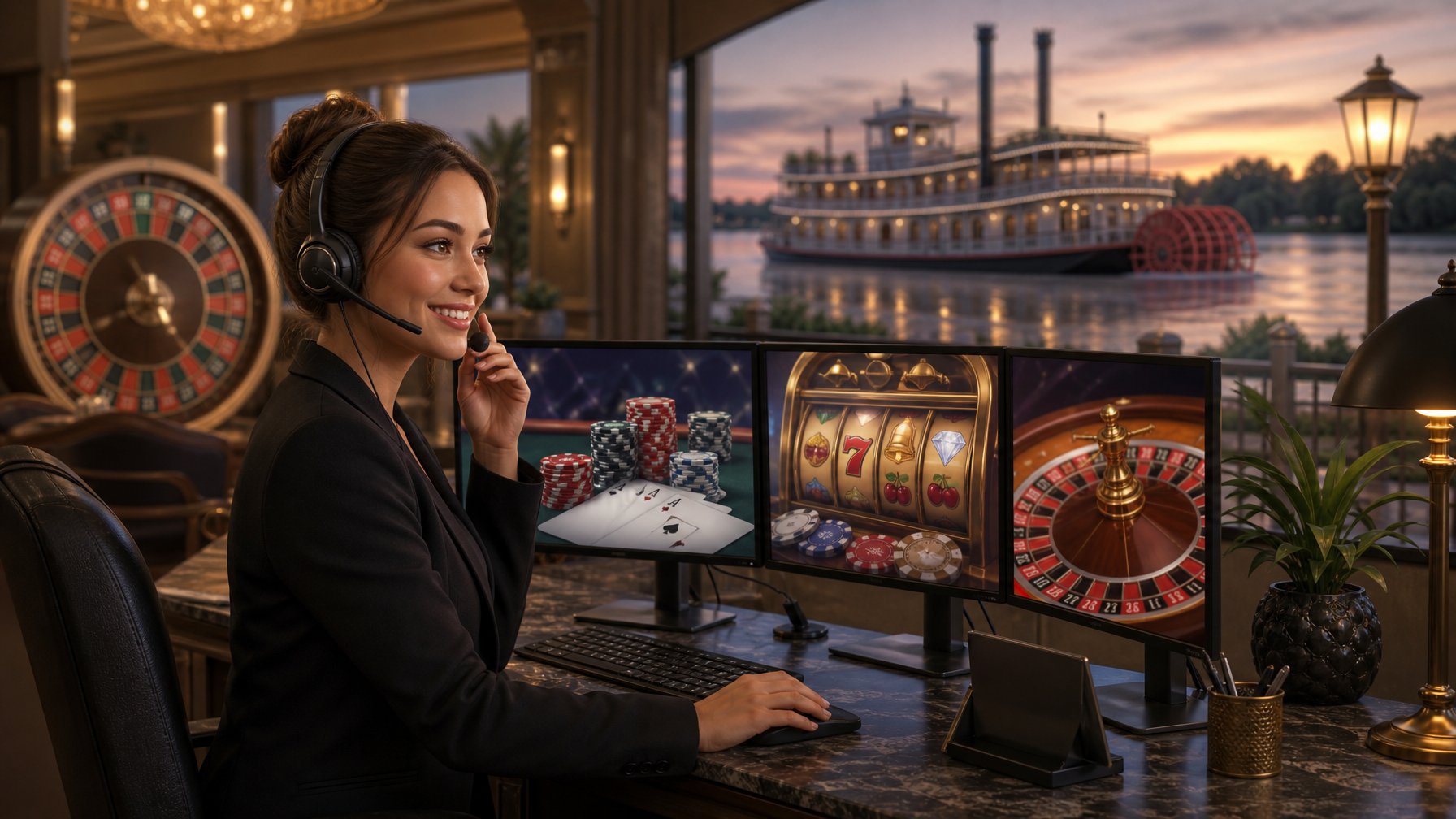 A Customer Support Representative Wearing A Headset At A Desk With Computer Screens Showing CasinoRelated Images, With A Calm CasinoThemed Background Including A River And Roulette Wheel.
