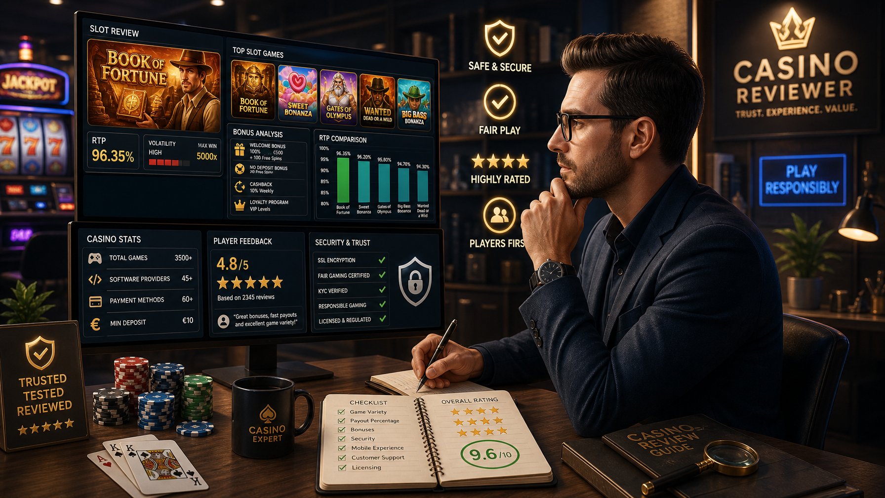 A Person Analyzing Slot Machine Graphics And Casino Data At A Desk With Icons Representing Trust And Ratings Around Them.