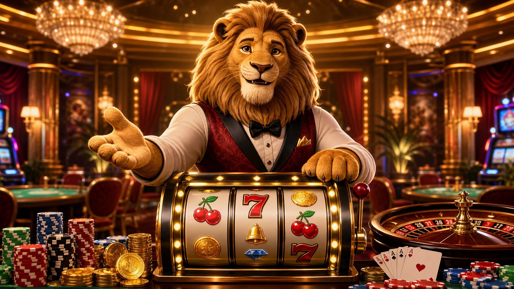 A Friendly Lion Dressed As A Casino Dealer Stands Behind A Brightly Lit Slot Machine Inside A Luxurious Casino With Gaming Elements Around.