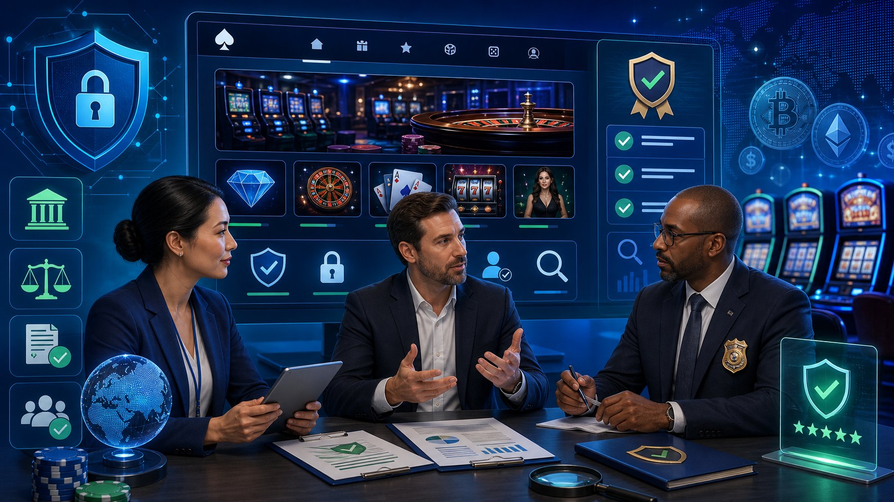 A Group Of Professionals Discussing Casino Licensing And Regulation With Digital Icons Representing Security And Transparency In The Background.