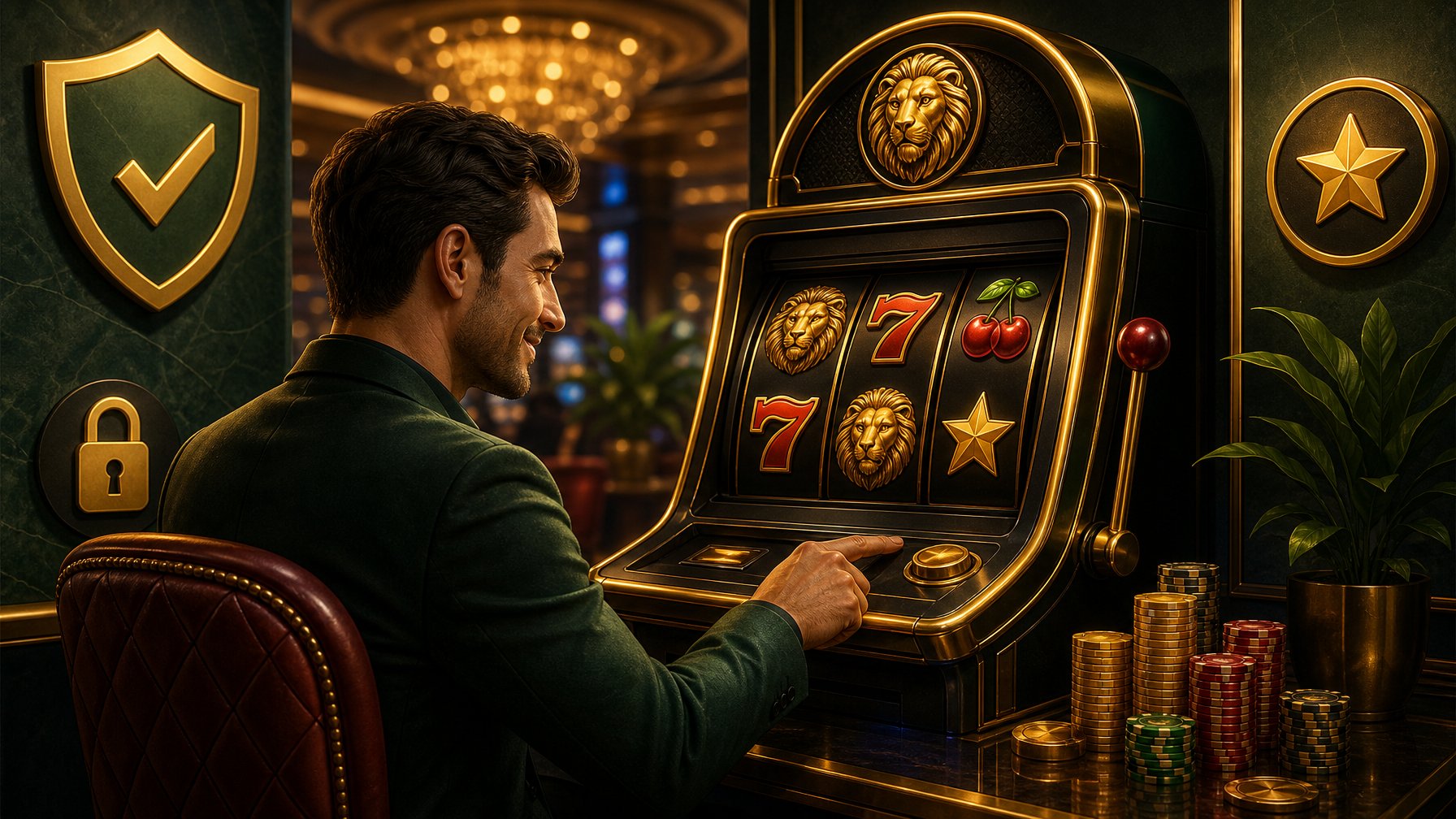 A Person Playing A Slot Machine In A Casino Setting With Symbols Representing Trust And Security Around The Machine.