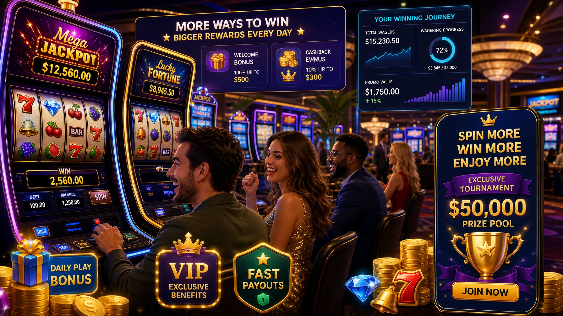 A Lively Casino Scene With People Playing Slot Machines Surrounded By Symbols Of Bonuses And Promotions.