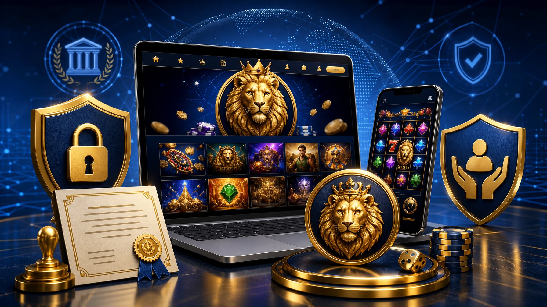 A Digital Casino Interface On A Device Screen Surrounded By A Golden Lion Emblem, Official Certificates, And Shield Icons Symbolizing Licensing, Ownership, And Player Protection.