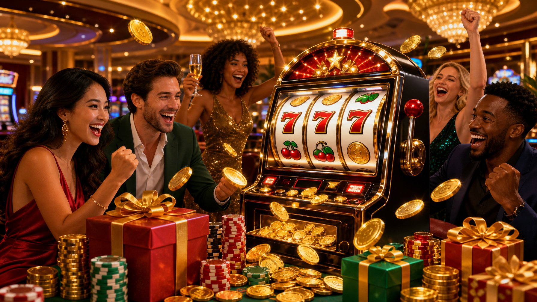 A Lively Casino Scene With A Glowing Slot Machine, Golden Coins, Gift Boxes, And Happy Players Celebrating Their Wins.