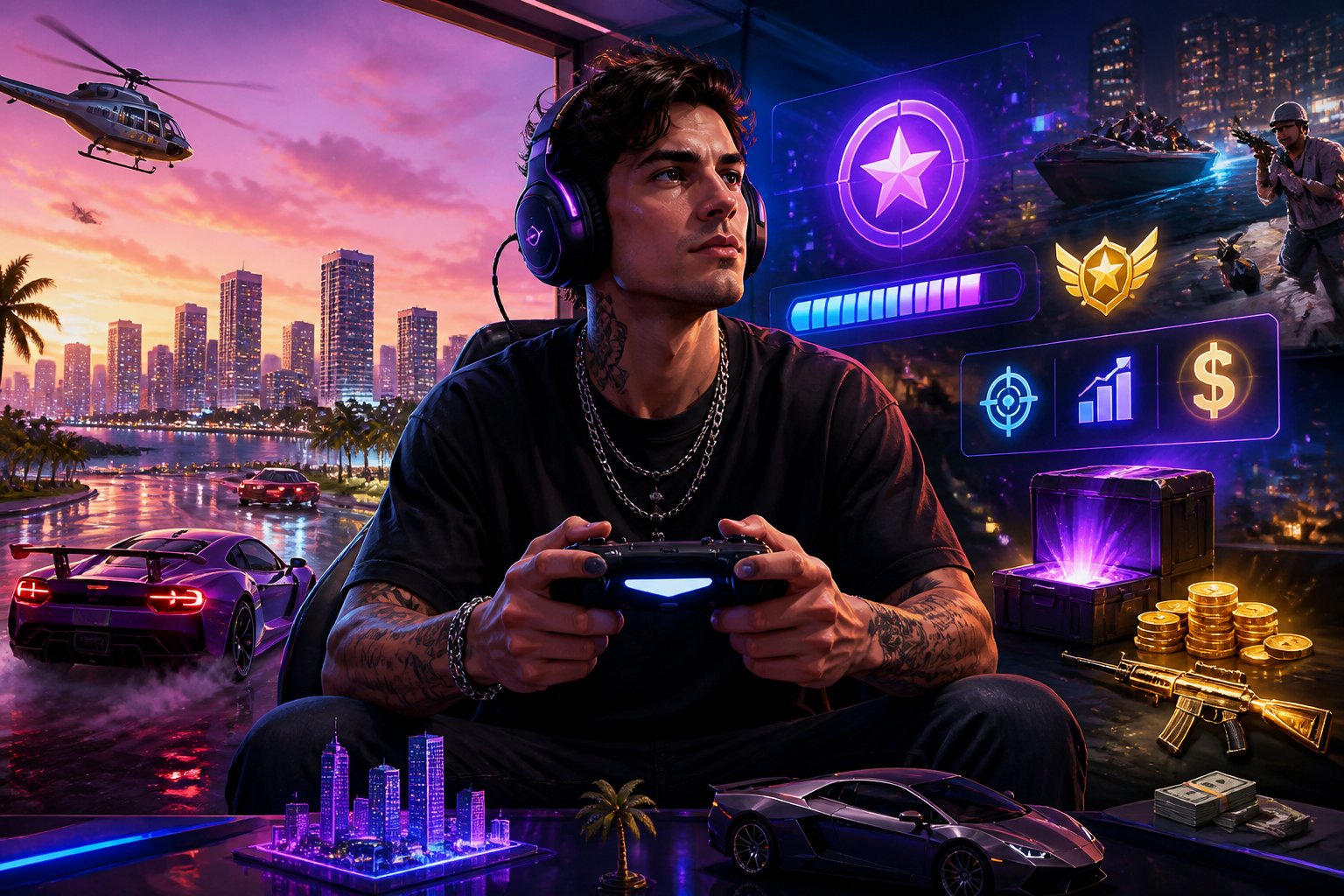 A gamer wearing headphones and holding a controller plays intensely in front of a glowing cityscape with digital gaming icons floating around.