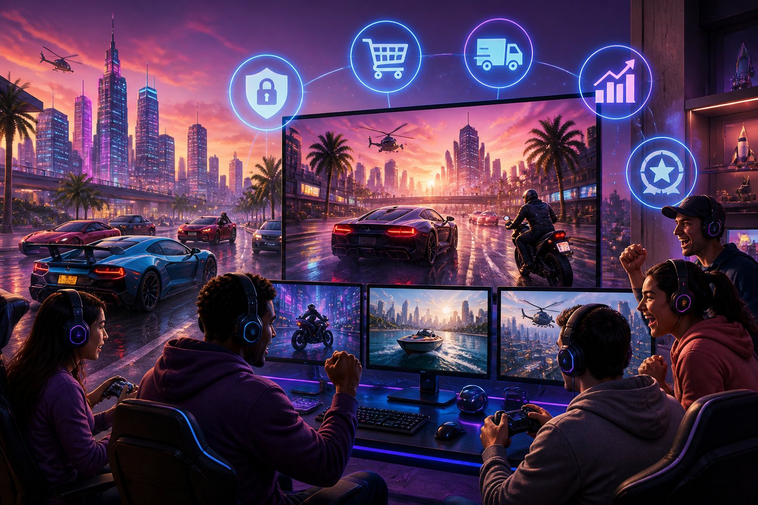A group of gamers playing video games in front of large screens showing action scenes in a futuristic city with neon lights and sports cars.