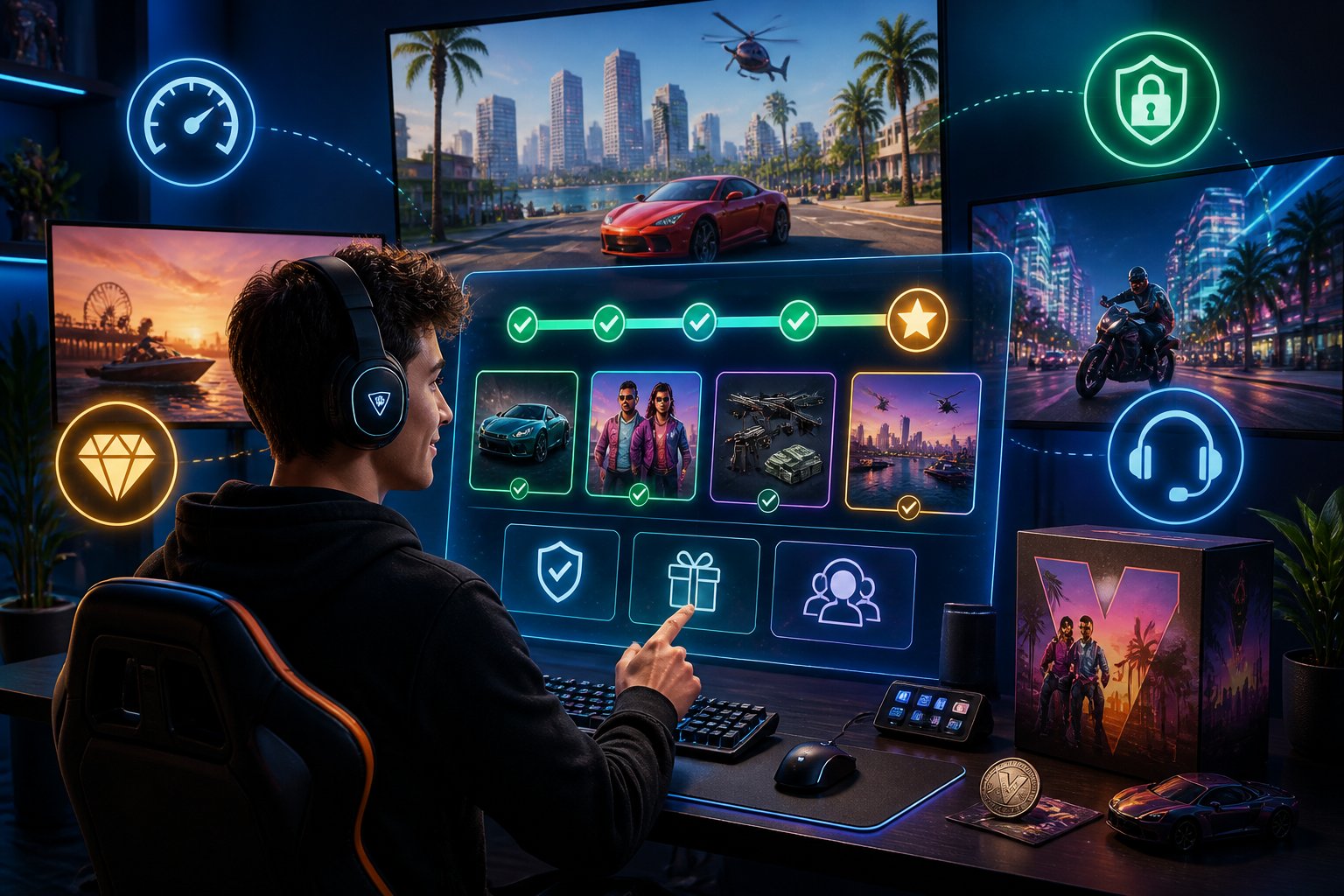A gamer at a modern gaming setup with multiple screens showing GTA VI gameplay and digital icons representing benefits like speed and support around them.