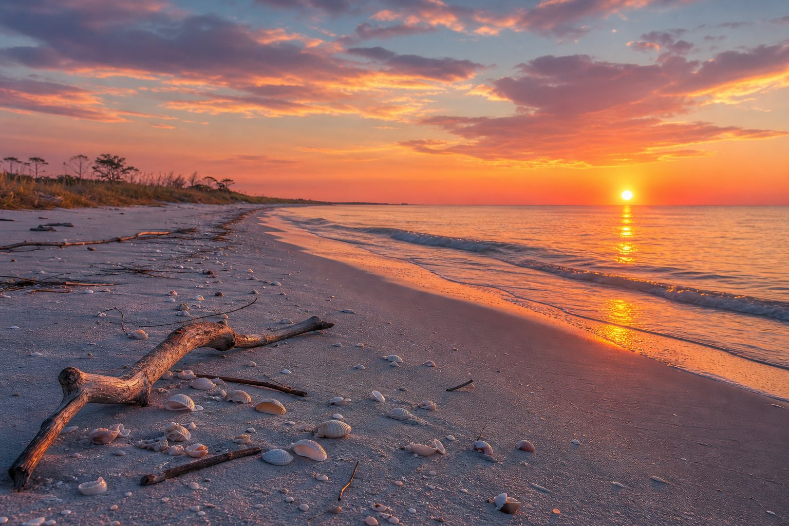 Sunrise over a calm sandy beach with colorful sky and gentle waves in Long Beach, Mississippi.