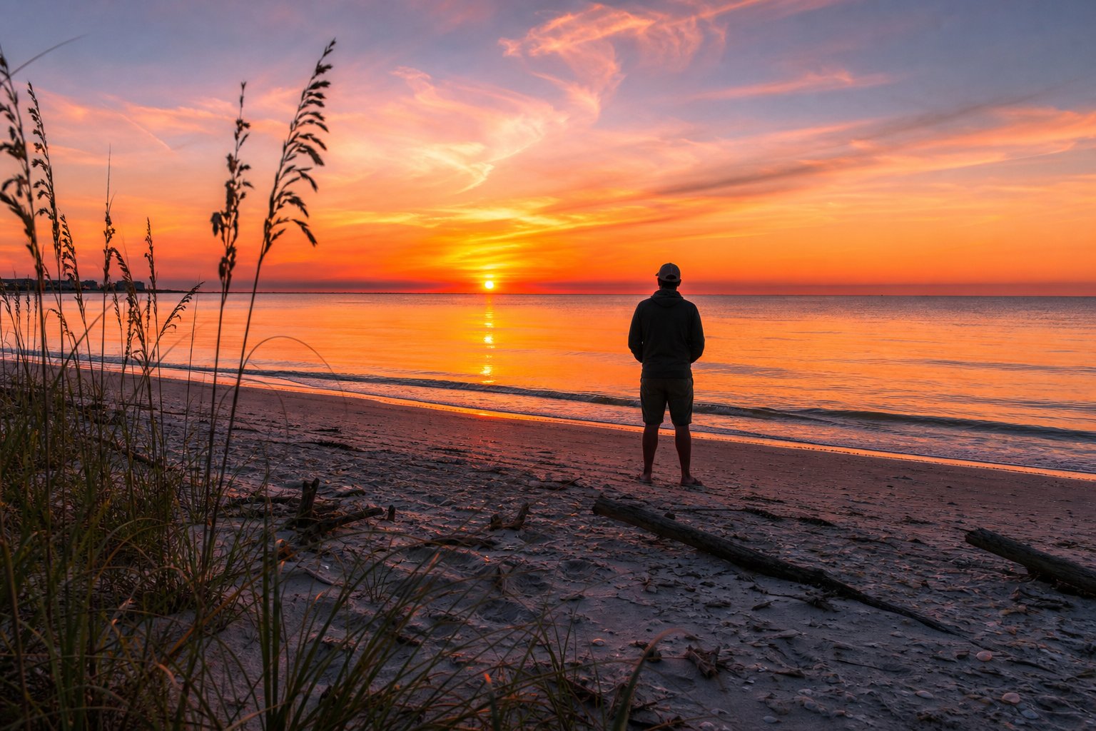 A person standing on a sandy beach looking at a colorful sunrise over calm ocean waters with coastal plants nearby.