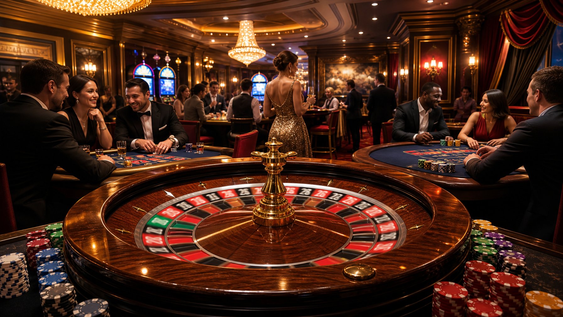 A Lively Casino Interior With A Spinning Roulette Wheel, Gaming Tables, Chips, And People Enjoying Casino Games.