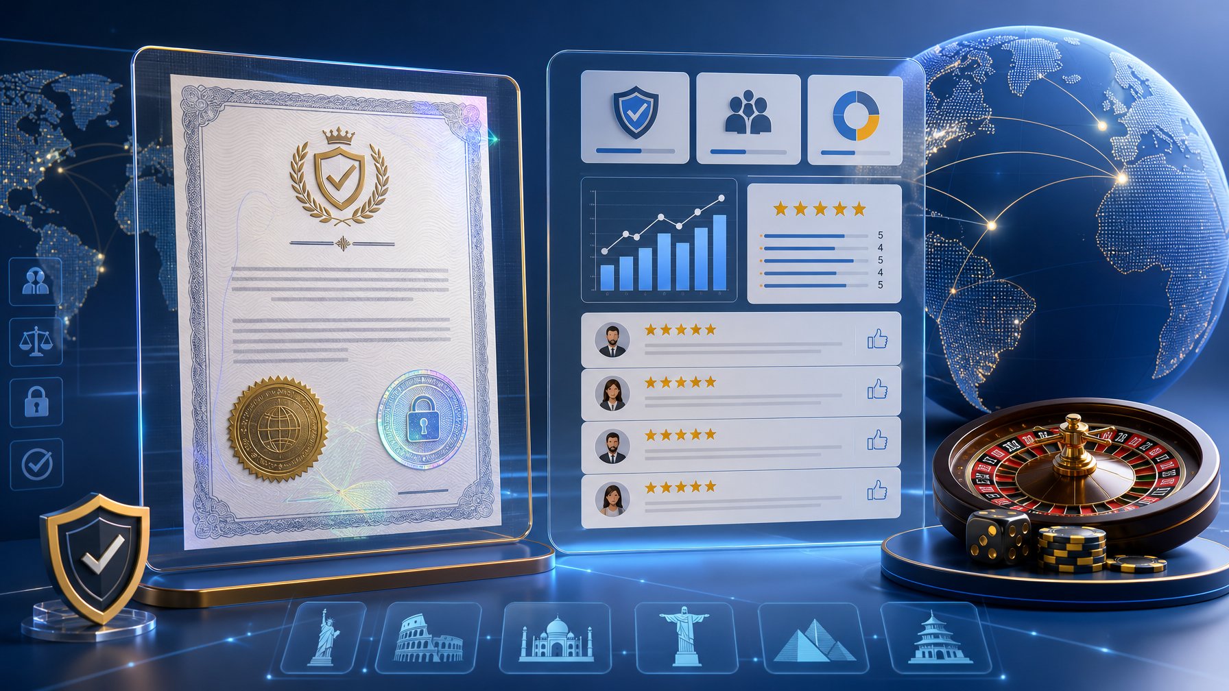 A Digital Interface Showing A Secure License Certificate, Transparent Data Charts, And A Globe Representing Global Market Availability For An Online Casino.