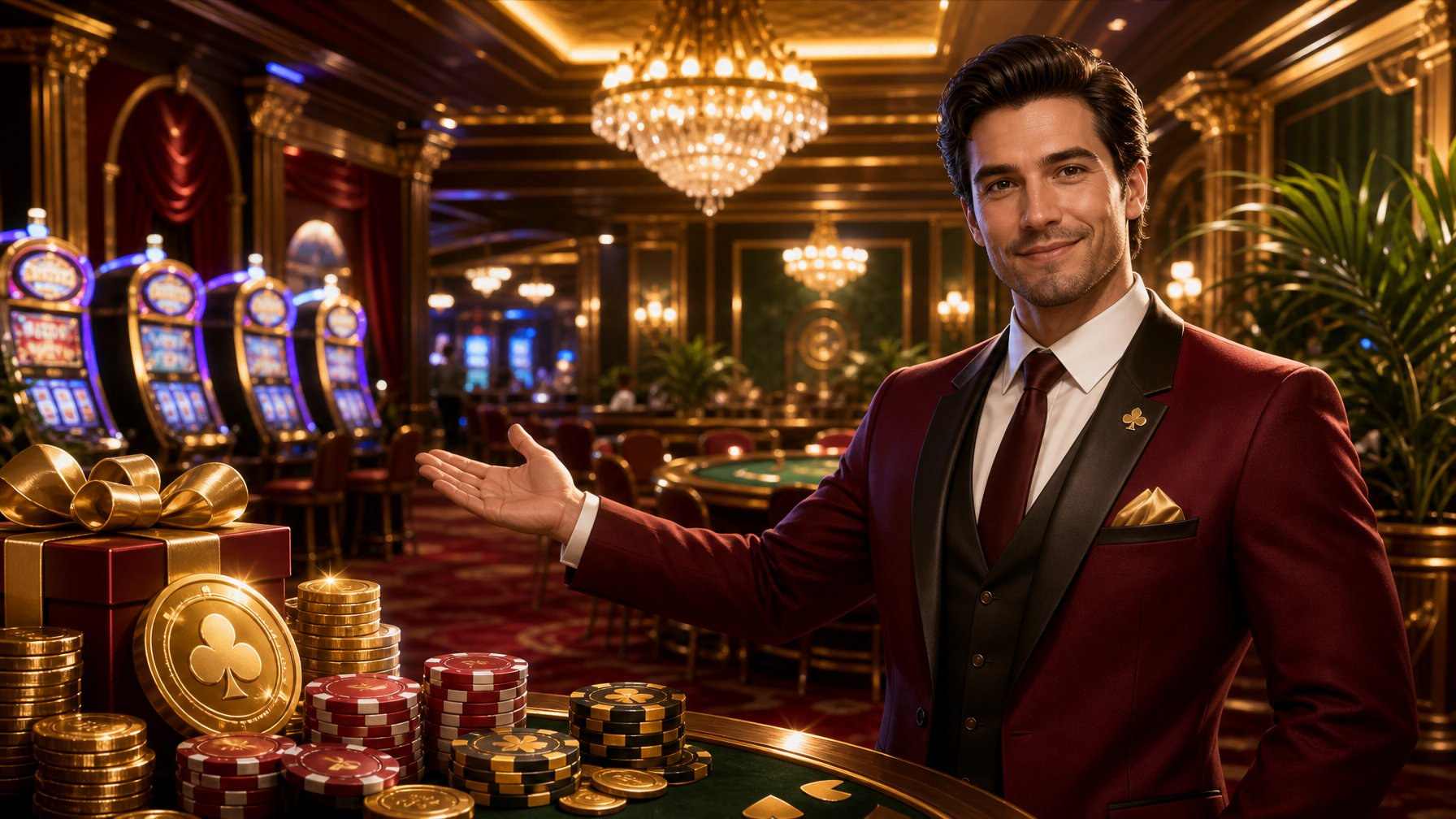 A Welcoming Casino Scene With A Friendly Host, Slot Machines, Gaming Tables, And Symbols Of Coins And Chips Representing Promotional Offers.