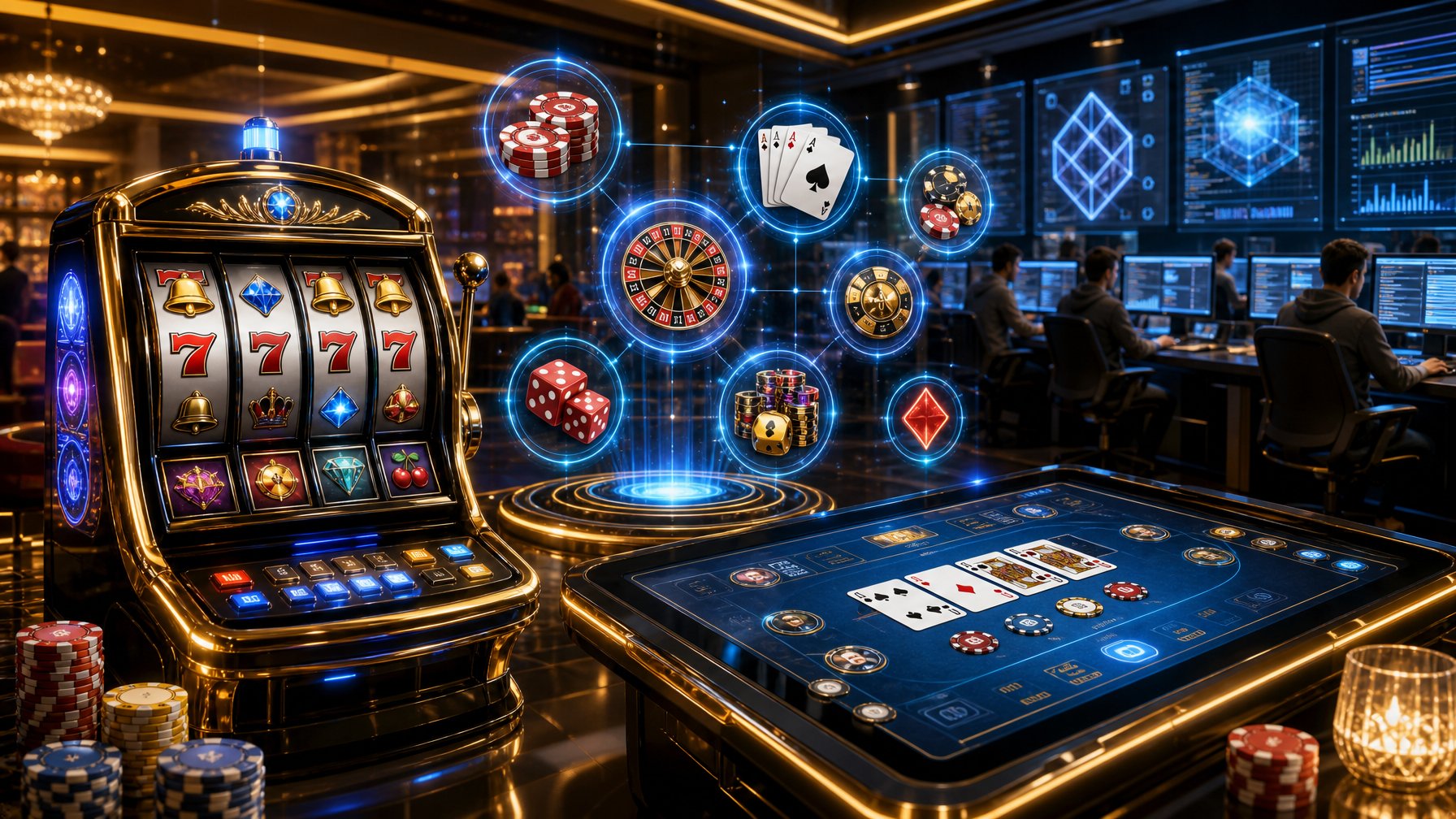 A Modern Casino Scene Showing A Slot Machine, A Digital Card Game Table, And Floating Icons Of Various Casino Games, With Developers Monitoring Screens In The Background.