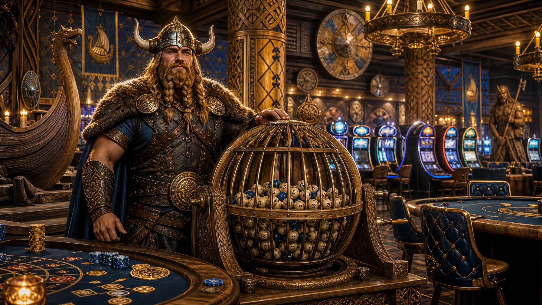 A Viking Warrior Stands Next To A Bingo Cage Inside A Casino Decorated With Viking And Gaming Elements.