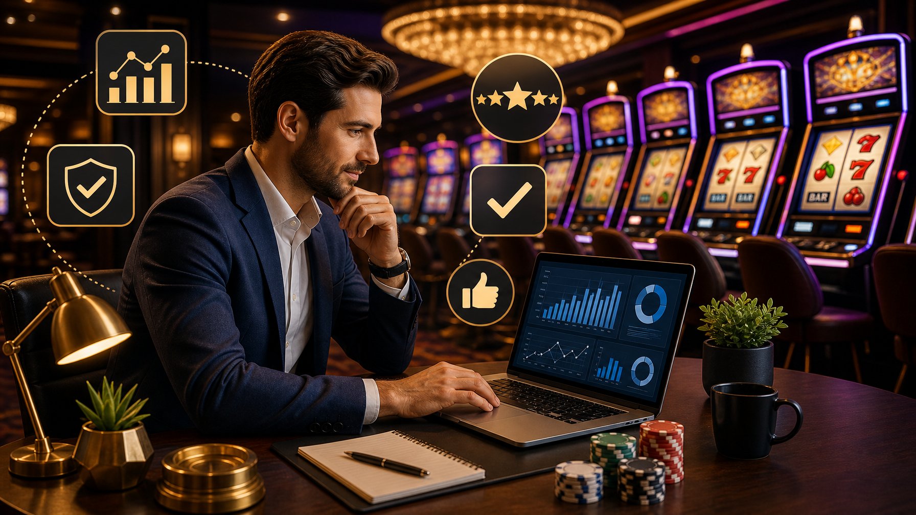 A Person Analyzing Slot Machines And Data On A Laptop In A Modern Casino Setting.