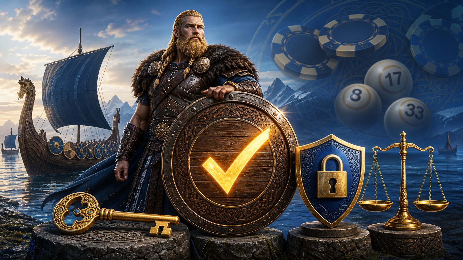 A Viking Warrior Stands Beside A Large Shield With A Checkmark, Surrounded By Symbols Of Security Like A Key, Lock, And Locks, And Scales, With Viking Ships And Casino Elements In The Background.