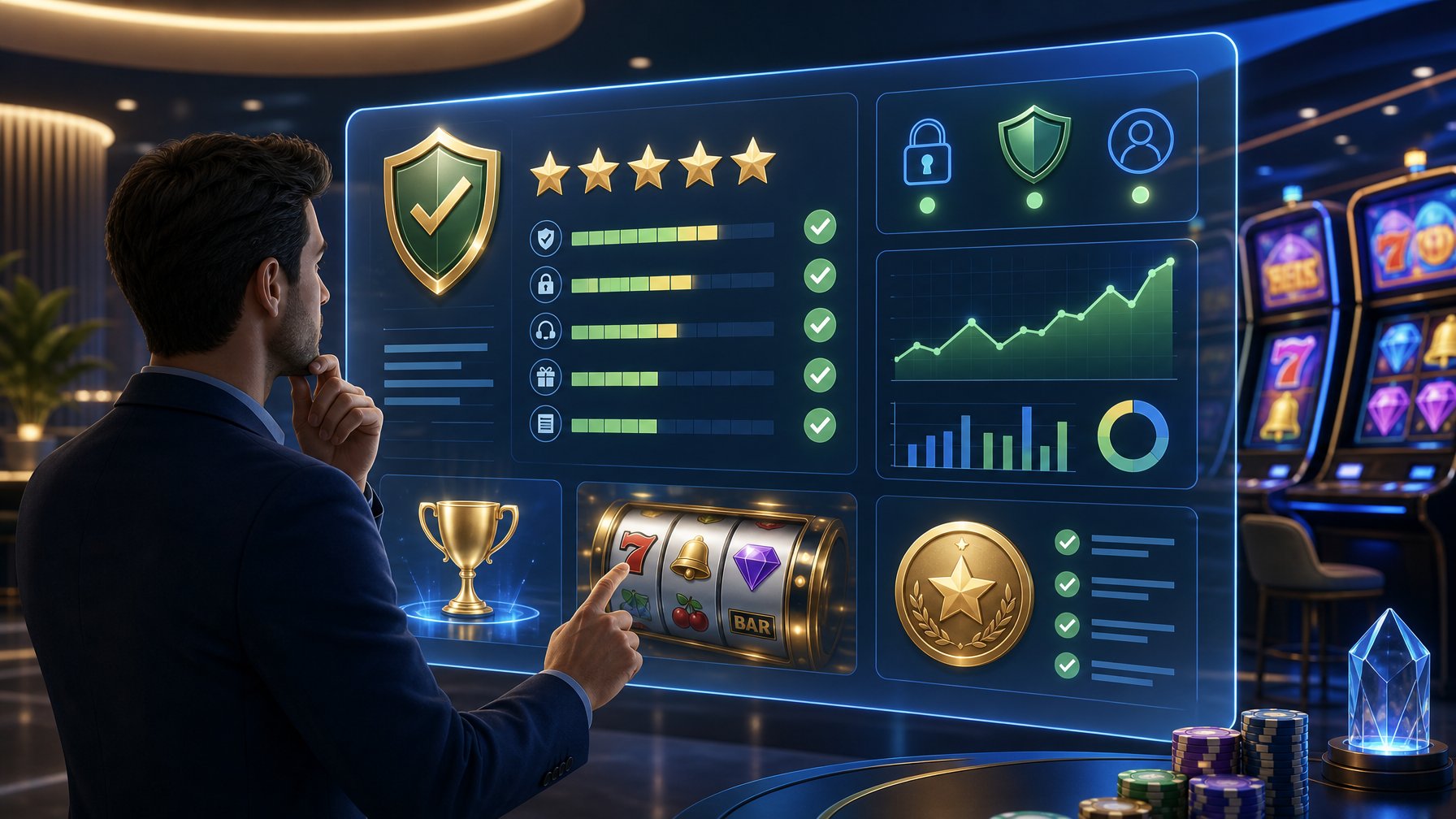 A Person Reviewing Casino Ratings And Trust Indicators On A Large Digital Screen With Slot Machine Symbols And Rating Icons In The Background.