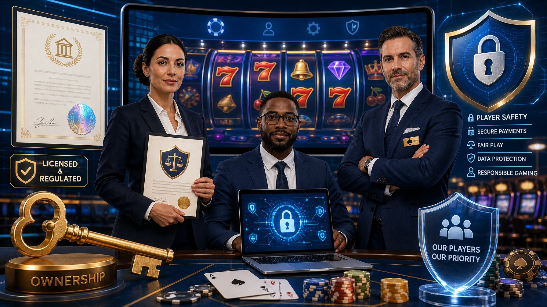A Group Of Professionals Standing In Front Of A Large Digital Casino Screen, Surrounded By Symbols Of Security, Licensing, And Ownership.