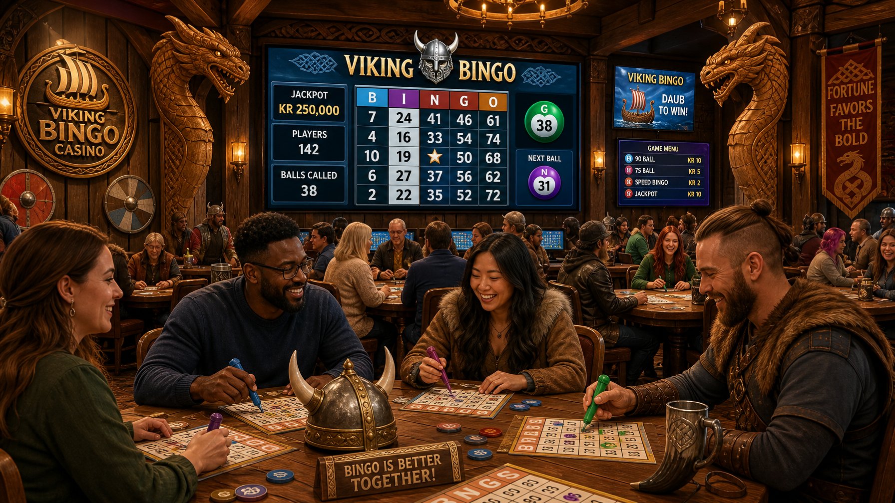 A Bingo Room Decorated With VikingThemed Elements Showing People Playing Bingo At Tables With Digital Screens Displaying Game Numbers In The Background.