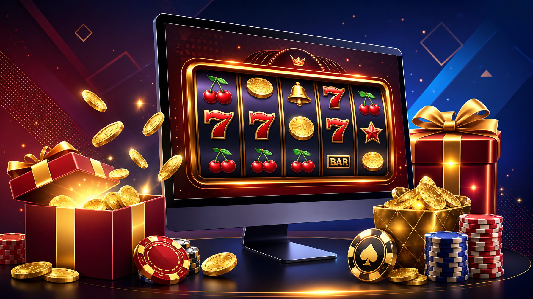 A Computer Screen Showing Colorful Slot Machine Reels Surrounded By Glowing Gift Boxes And Gold Coins, Representing A Casino Welcome Offer And Promotion.
